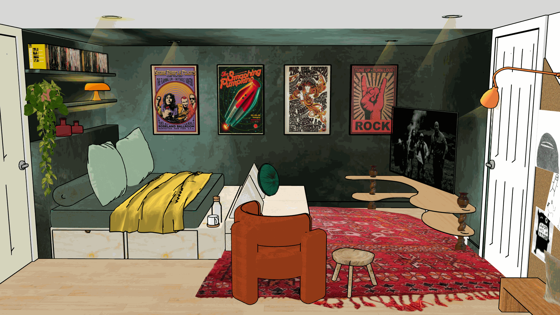 Salle de cinéma familiale à Montréal, conçue par un décorateur d’intérieur expert en espaces ludiques. Rendu 3D Studio Pacha.