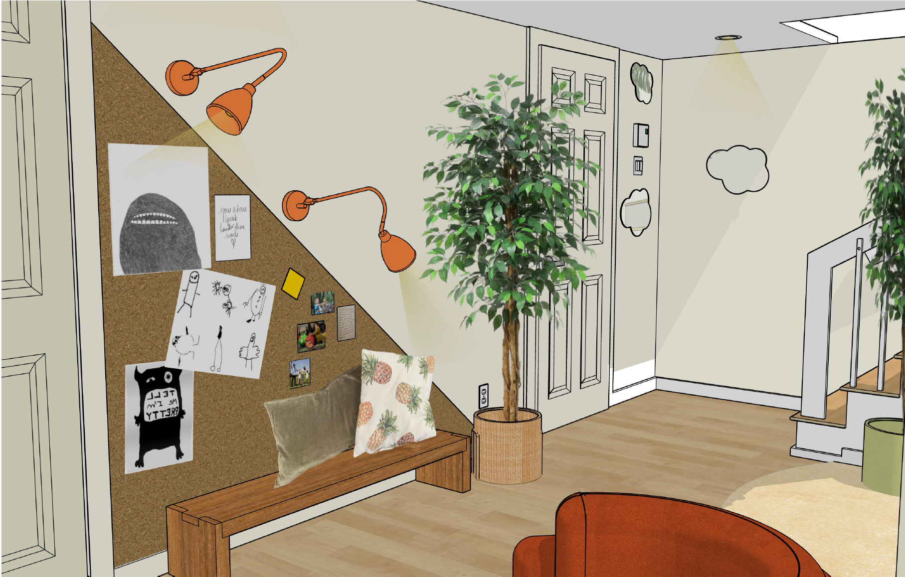 Coin créatif pour enfant, aménagement par un designer d’intérieur spécialisé en salles de jeu à Montréal. Rendu 3D Studio Pacha