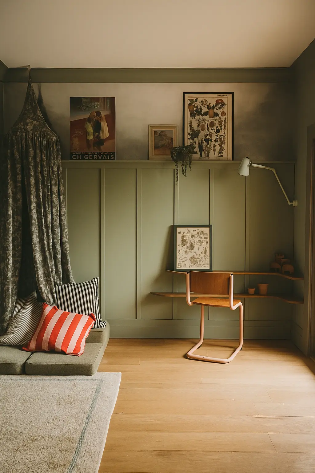 Espace enfant avec boiseries sauge, bureau et étagères Montessori, canapé de jeu modulable