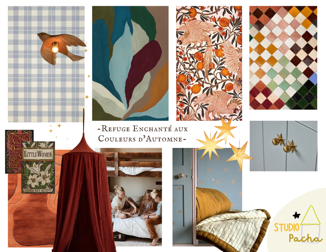 Moodboard automnal pour chambre d’enfant mêlant textures, carreaux, étoiles et phoenix dans un univers de magie. Post Instagram Studio Pacha.