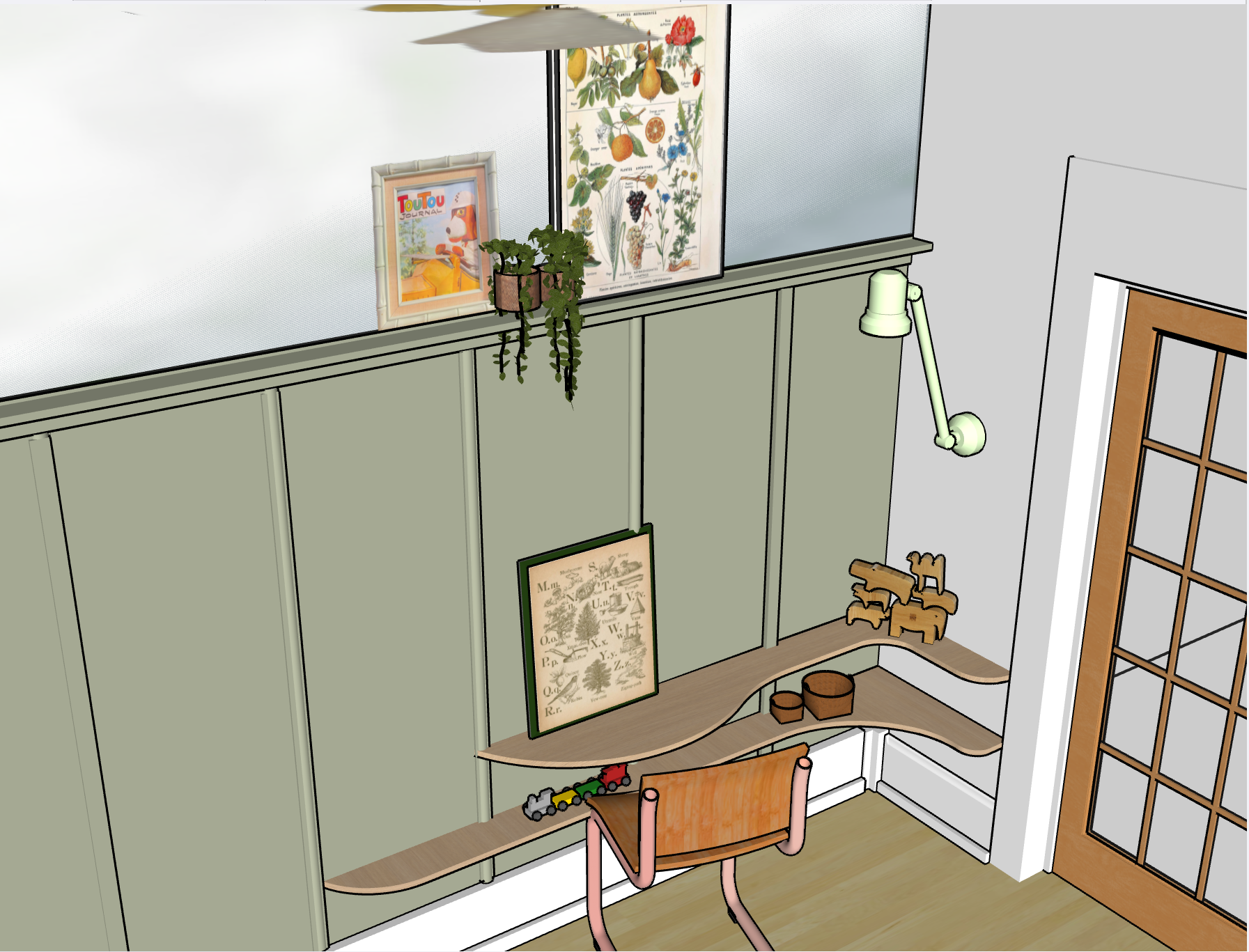 Maquette 3D bureau enfant créatif, étagères murales Montessori et boiseries vert sauge